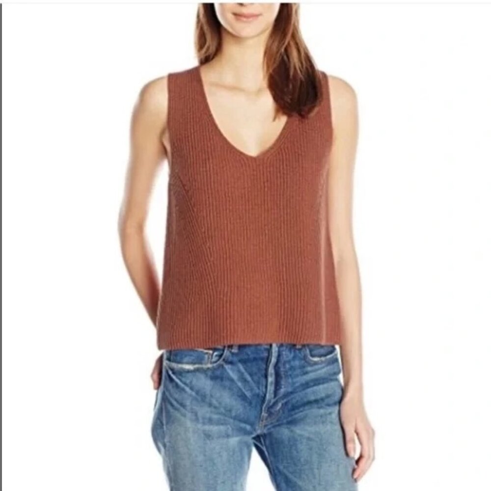 Vince Ribbed Cotton Knit V Neck Tank in Burnt Orange Size M